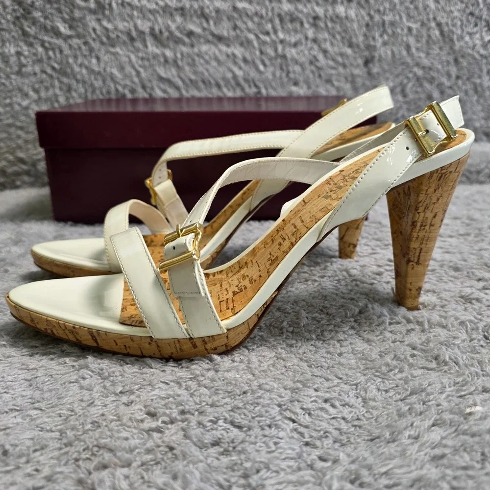 NEW Amalfi by Rangoni White‎ Cork Heel Italian Leather Sandals Strappy Size 9.5M
